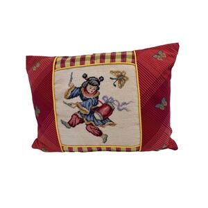 Vintage Chinoiserie Needlepoint Pillow Red Plaid Butterfly Asian Figure 15x11